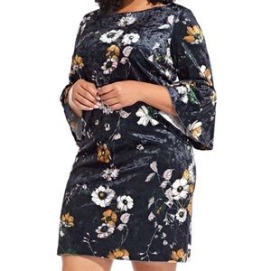 Adrianna Papell black multi serene garden velvet shift dress with bell sleeves
